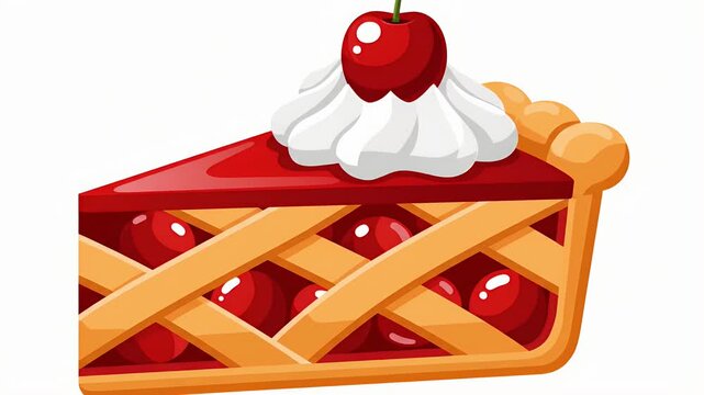 Slice of cherry pie with whipped cream and cherry topping, dessert, sweet food, pastry, isolated on white