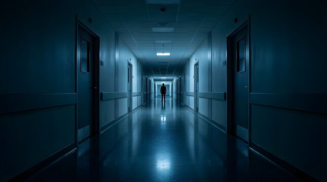 Silhouette of a man standing in a dark hospital corridor at night