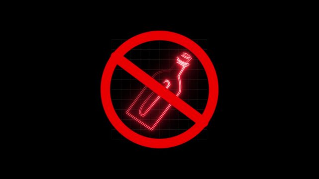 Bottle symbol appears inside a glowing red prohibition sign set against a dark grid background to communicate a strict ban on alcohol consumption or the restricted presence of glass containers.