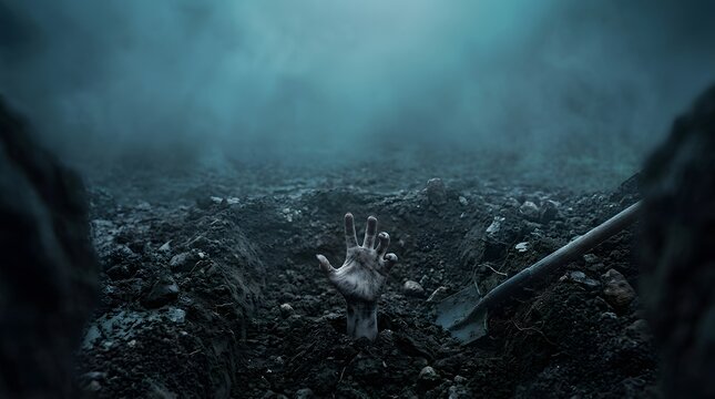 Zombie hand rising from the ground in a dark foggy cemetery