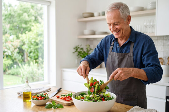 Senior Man Preparing Fresh Vegetable Salad in Modern Kitchen