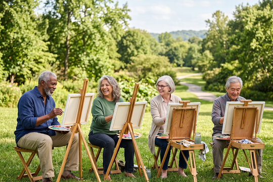 Senior Friends Painting Outdoors During Creative Art Therapy Session