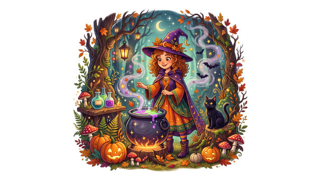 A whimsical witch brewing a potion in a magical forest during autumn. Pumpkins, mushrooms, and a black cat surround her as she stirs a bubbling cauldron under a moonlit sky