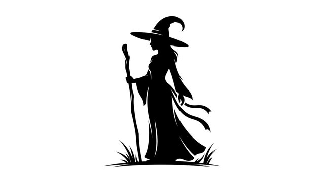 A silhouette of a witch with a pointed hat and a staff standing in a field of grass, depicted in a black and white style