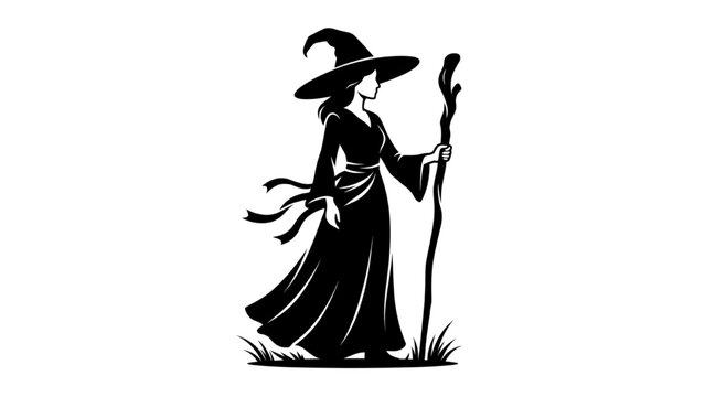 A black silhouette of a witch wearing a pointed hat and a flowing gown, holding a staff and standing in a field of grass