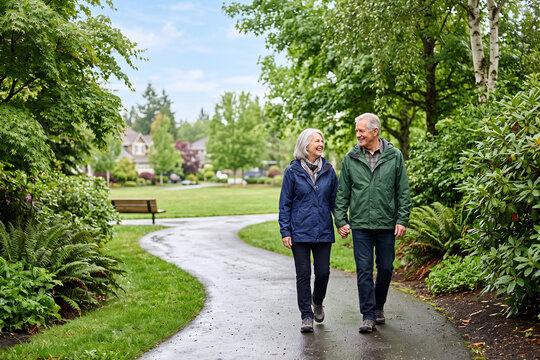 Senior Couple Enjoying Peaceful Walk Through Green City Park