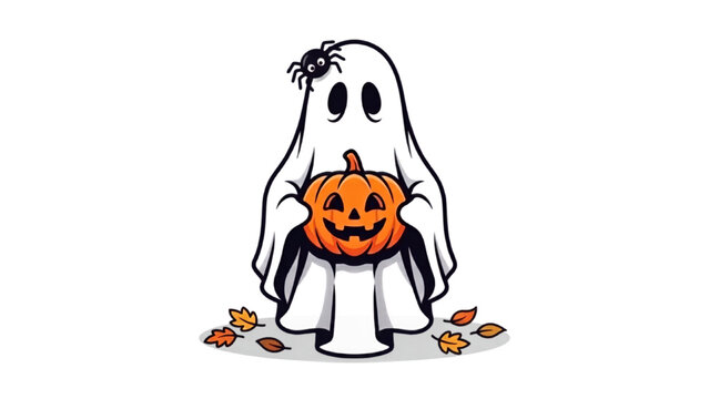 A cute ghost holding a jack-o'-lantern, with a spider on its head and fallen leaves around its feet, symbolizing Halloween.