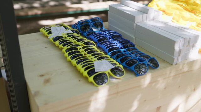 Rows of yellow and blue plastic sunglasses stacked on a wooden crate