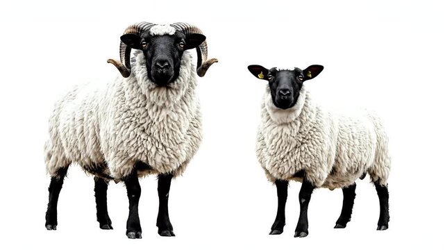 Two sheep, a ram with large horns and a ewe, standing on a plain background, livestock and farming