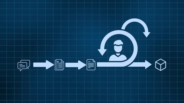 Digital workflow automation process with document management, customer interaction and business data flow on futuristic technology interface.
