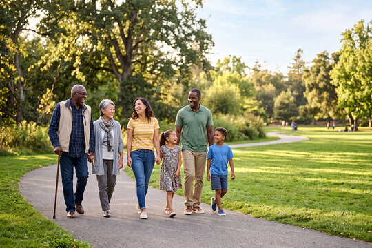 Multigenerational Family Walking Together in Park on Sunny Day