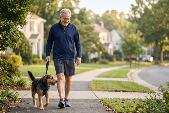 Senior Man Walking Dog Through Quiet Neighborhood for Daily Exercise
