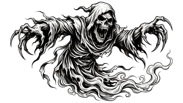 A terrifying depiction of the Grim Reaper, a skeletal figure shrouded in tattered robes, with outstretched clawed hands and a menacing grin. Its spectral form dissolves into wisps of smoke.