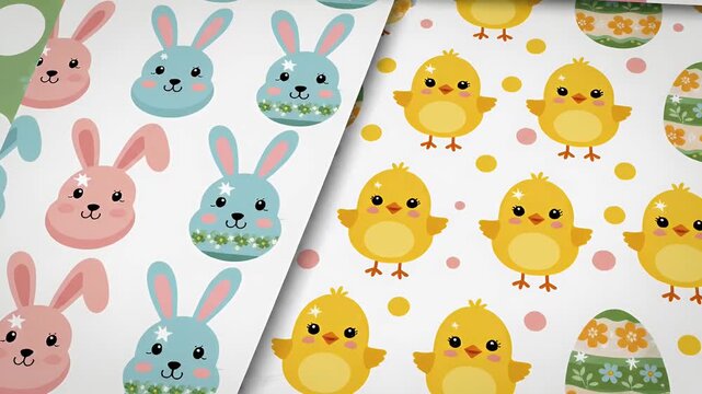 Easter bunny and chick seamless patterns collection, cute cartoon animals, festive eggs, spring holiday motifs, whimsical childlike illustration