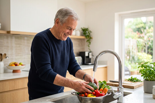 Senior Man Washing Fresh Vegetables in Modern Kitchen for Healthy Meal