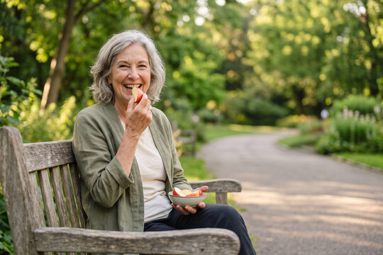 Senior Woman Enjoying Healthy Snack While Relaxing in Garden