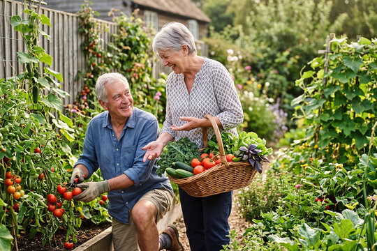 Senior Couple Harvesting Fresh Vegetables Together in Backyard Garden