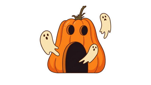 A cartoon pumpkin with a dark entrance, surrounded by three playful ghosts, ready for Halloween fun