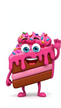 Cute animated slice of cake character waving hello with pink frosting and colorful sprinkles, happy cartoon dessert waving hello
