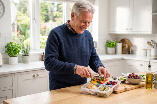 Senior Man Preparing Fresh Healthy Meal in Bright Home Kitchen