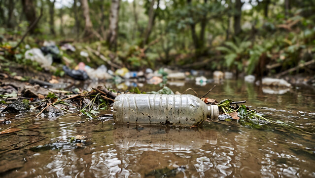 A discarded plastic bottle floats in a polluted woodland stream, vividly illustrating ecological degradation and the urgent challenge of human waste in our natural world