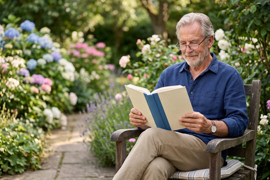 Senior Man Reading Book Outdoors in Peaceful Flower Garden