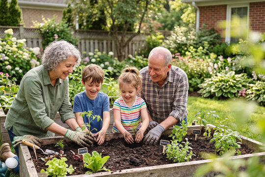 Grandparents Gardening with Grandchildren in Raised Vegetable Garden