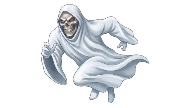 A grim ghost with a skeletal face, wearing a flowing white sheet, running with an outstretched hand. The ghost appears menacing and otherworldly