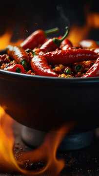 Fresh chili peppers in a rustic bowl with realistic flames creating a powerful spicy food concept.