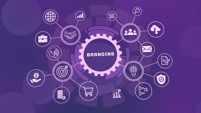Branding strategy visualization with enterprise technology icons representing corporate identity, recognition and business development.