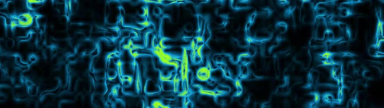 Neon blue and vibrant lime electric waves flowing in dark digital motion background abstract liquid style.