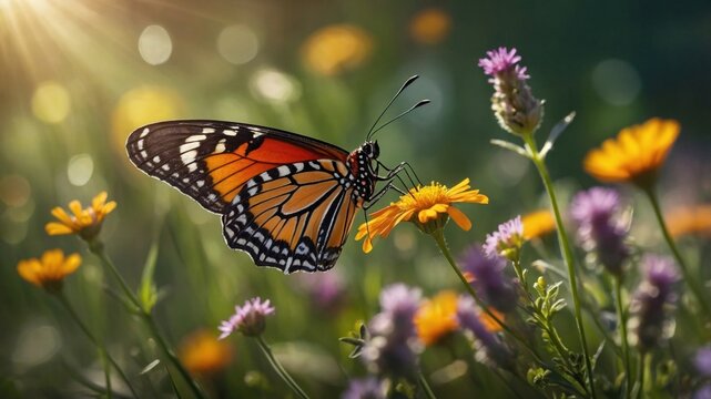 A vibrant butterfly perched on a bright flower amidst a colorful garden, illuminated by sunlight