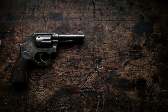 Vintage vintage steel track starter pistol on dark wooden workbench with copy space