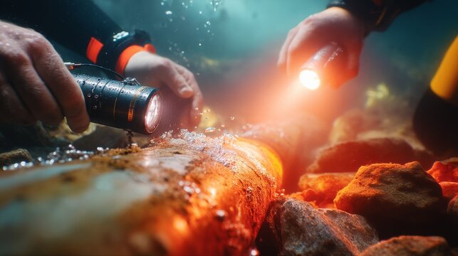 Underwater exploration using waterproof flashlight and diving equipment in nature