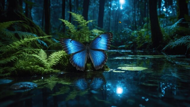 Vibrant blue butterfly perched on a mossy rock in a serene forest pond, with soft light filtering through trees