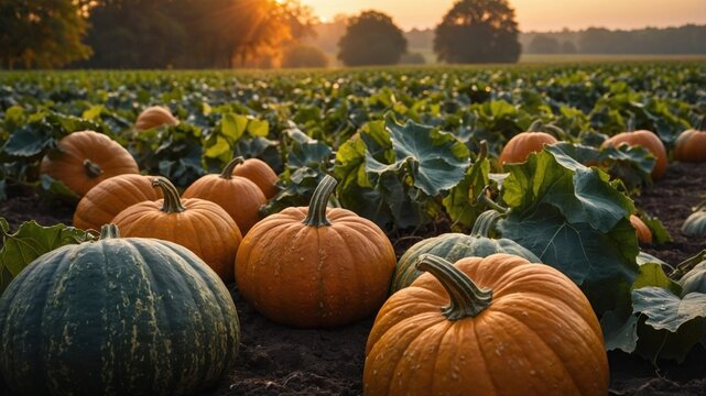 Vibrant pumpkin patch at sunset with lush green leaves and distant trees under a golden sky
