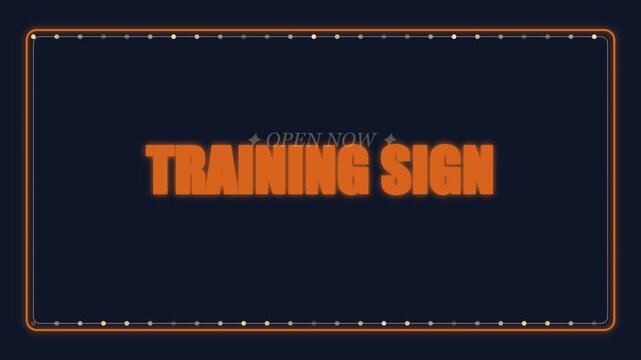 Open now training sign with glowing neon typography and decorative border for business announcements and educational workshops animation 4k