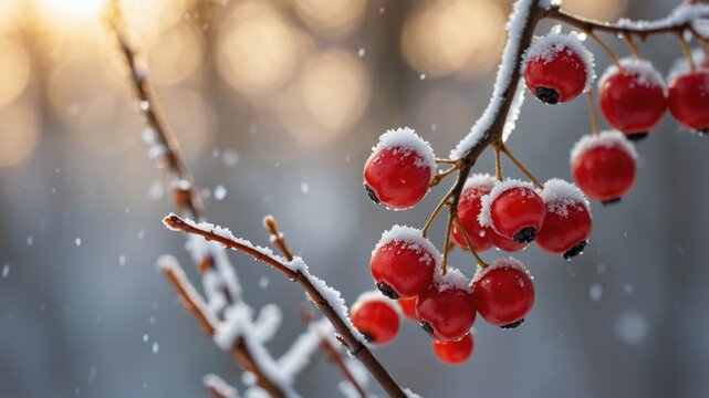 Snow-covered red berries hanging from a branch in a winter forest, with soft sunlight filtering through trees