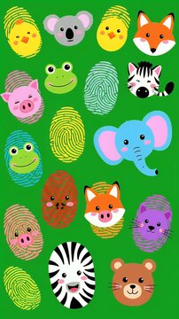 Cute cartoon animals and fingerprint patterns collection, whimsical and playful elements for kids' designs
