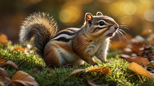 A curious chipmunk stands on vibrant grass surrounded by autumn leaves, enjoying a sunny day in nature