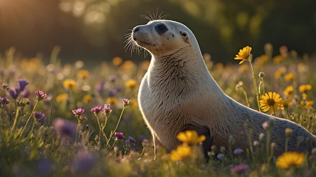 Seal resting in a vibrant flower field during sunset, capturing the essence of nature's beauty