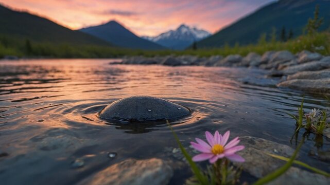 Serene sunset over a tranquil river with a blooming flower and majestic mountains in the background