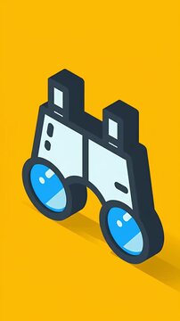 Isometric binoculars icon with blue lenses and long shadow on a vibrant yellow background, search and discovery