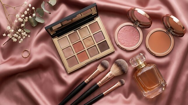 Makeup palette with eyeshadow and cosmetic brushes on a soft pink silk fabric background from above. high-end makeup sale