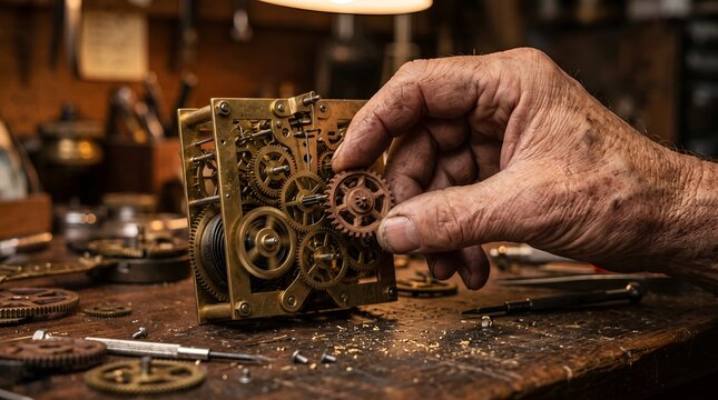 Vintage clockmaker hands repairing antique brass mechanism, master watchmaker working on intricate gears, traditional horology workshop scene