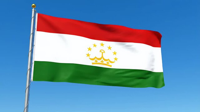 Waving flag of Tajikistan, patriotic symbol, national emblem, clear blue sky background, republic day, motion graphic