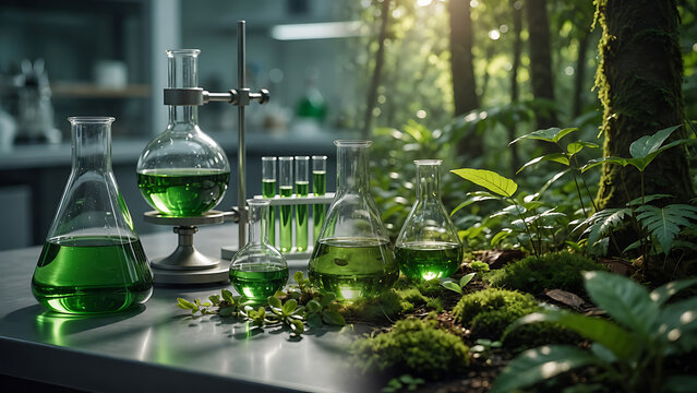 Green Chemistry Glassware in Rainforest | Botanical Laboratory Research in Nature | Sustainable Plant Extract Science Concept