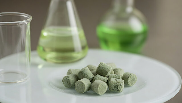 Green Herbal Tablets in Petri Dish | Botanical Medicine Research With Laboratory Flasks | Natural Supplement and Pharmaceutical Testing
