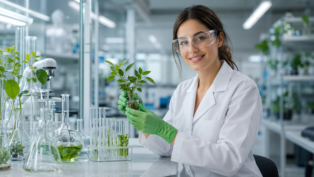 Smiling Scientist in Botanical Laboratory | Female Researcher Holding Green Plant Extract | Sustainable Plant Science and Biotechnology
