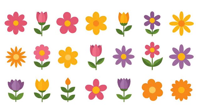 Collection of pixelated spring flowers animated in a simple loop, bright floral elements, garden, bloom